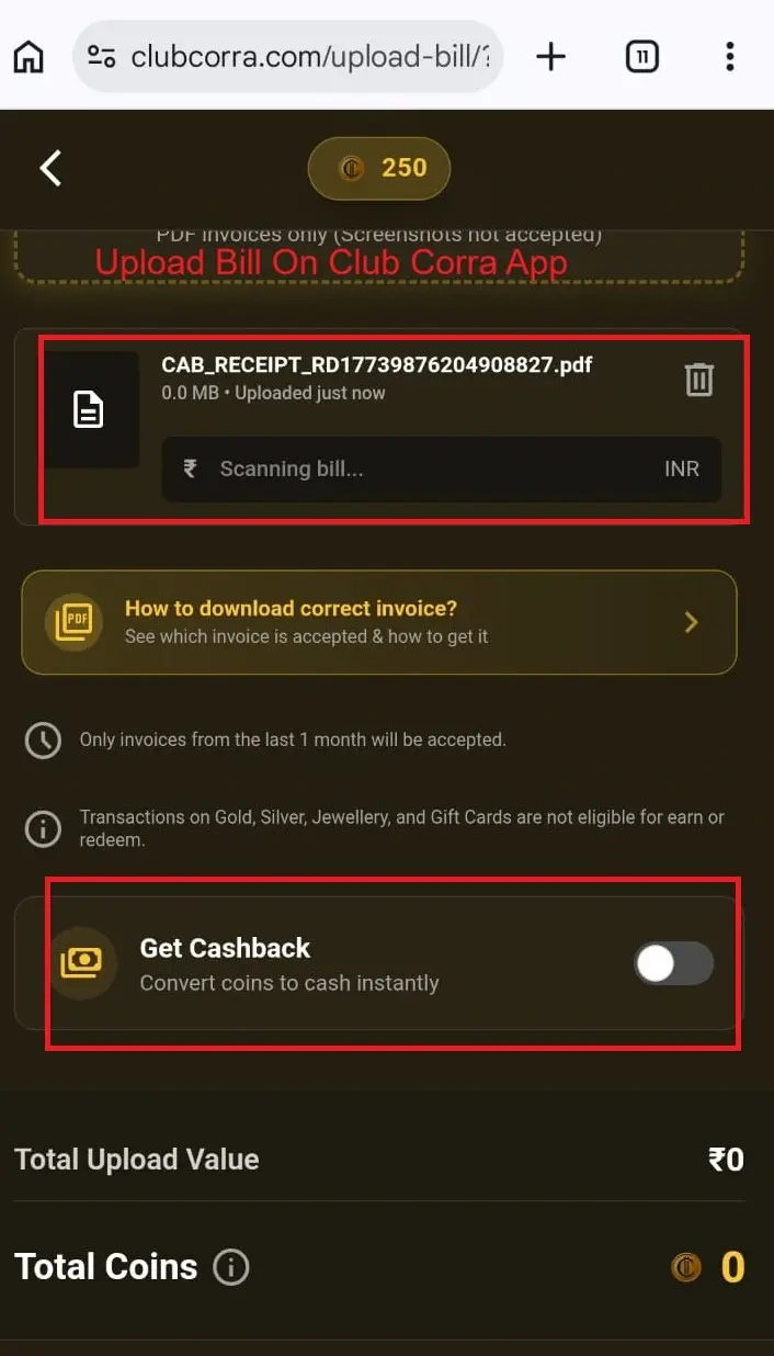 Screenshot showing how to redeem ClubCorra reward points