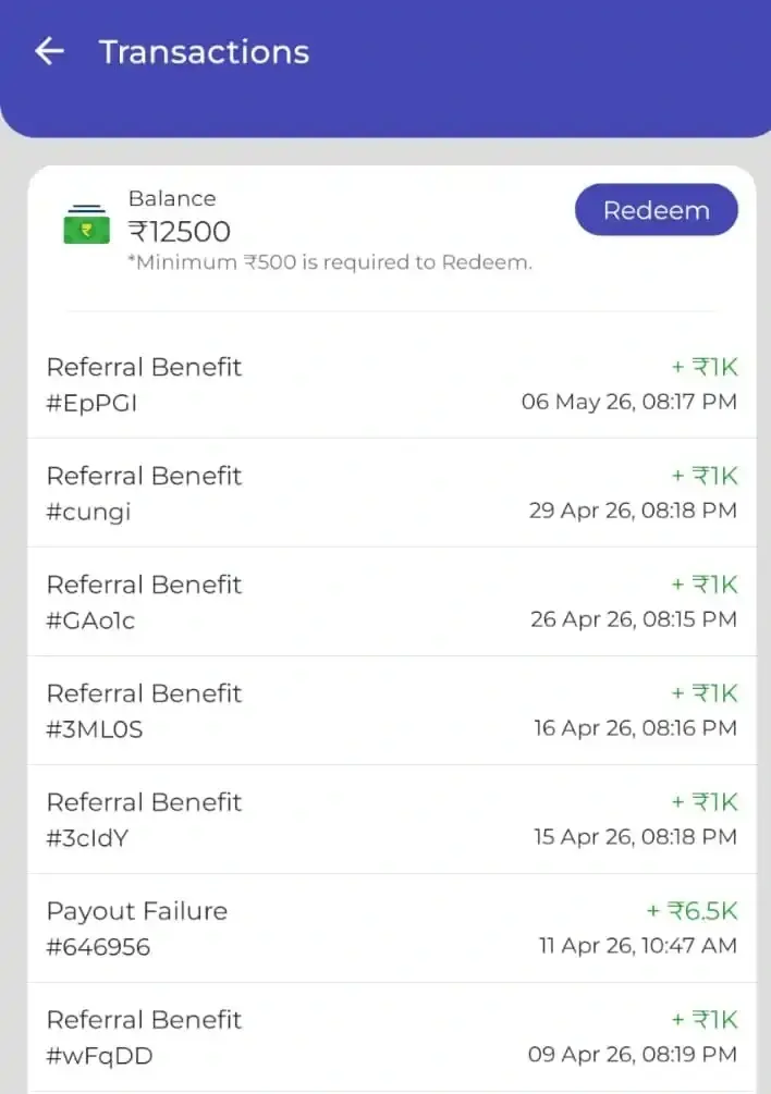 Screenshot showing successful DrinkPrime referral bonus credit of ₹1000