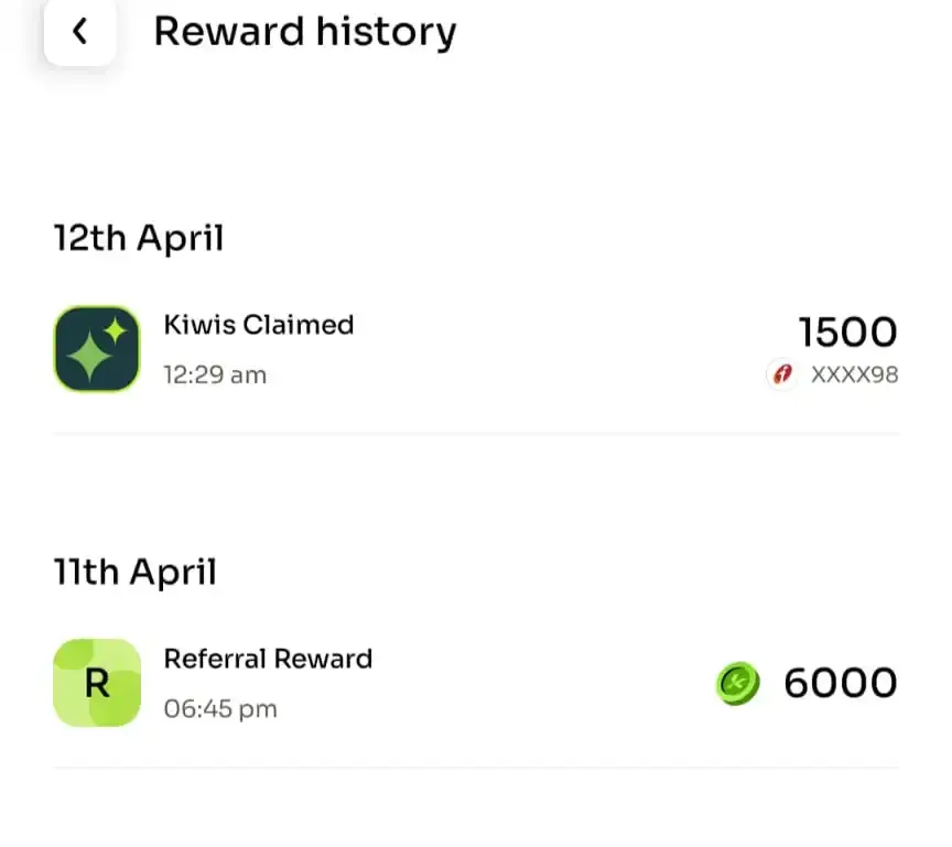 Screenshot showing successful Kiwi referral bonus credit of ₹1500