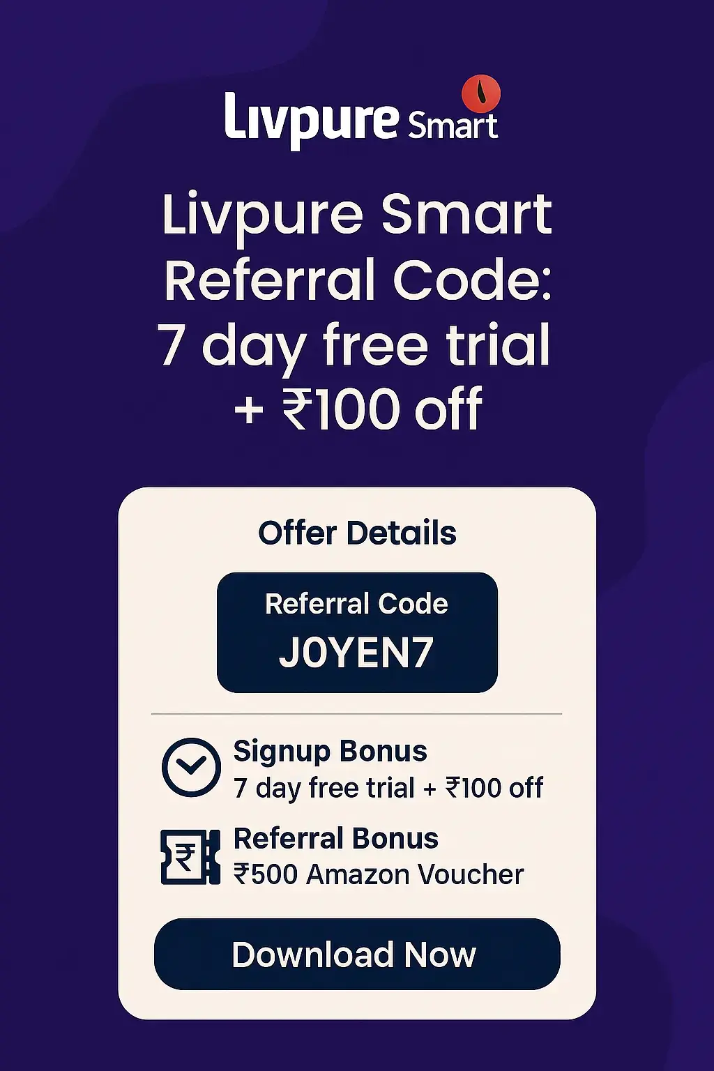 Livpure Smart referral code — Livpure Smart Referral Code: 7 day free trail + ₹100 off. Livpure Smart, a pay-as-you-drink water service, provides pure drinkin...