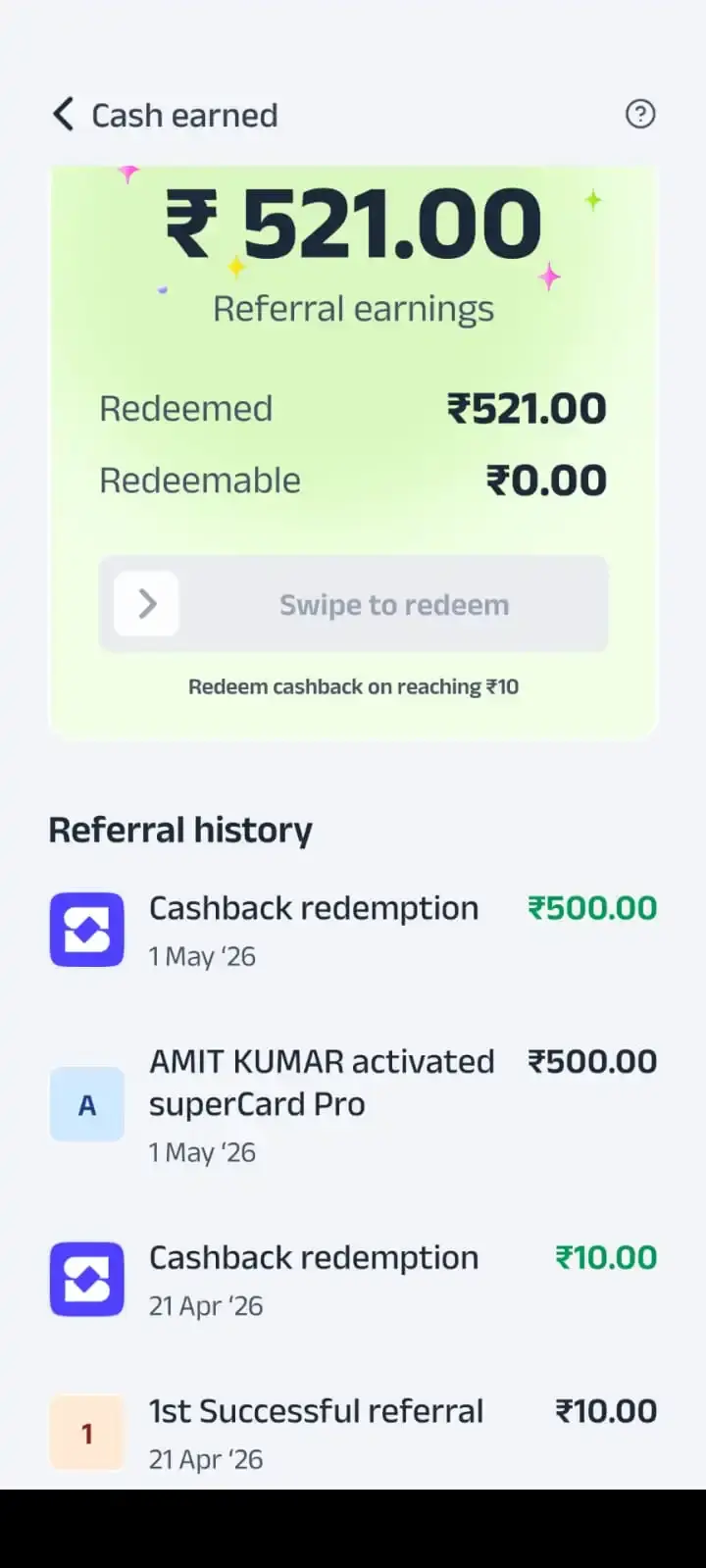 Screenshot showing successful SuperMoney referral bonus credit of ₹500