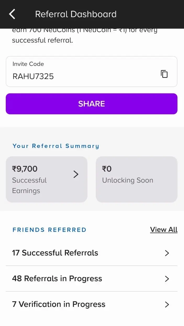 Screenshot showing successful Tata Neu referral bonus credit of ₹700