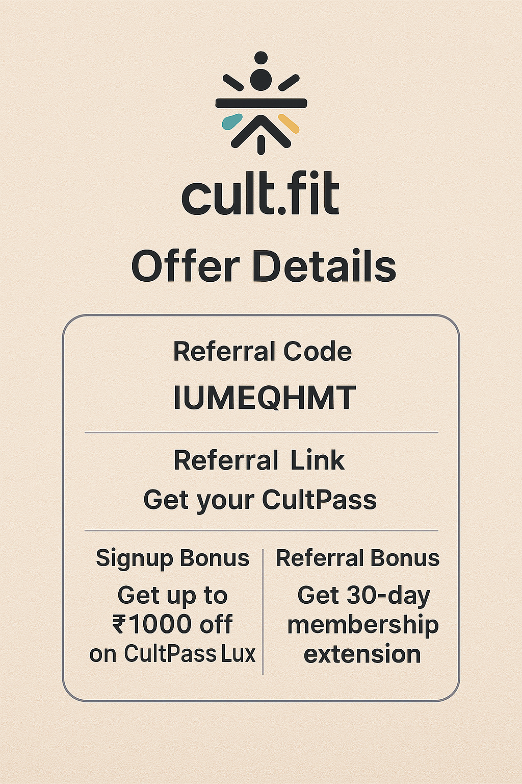 CultFit referral code — Save on Your Fitness Journey with CultFit Referral Code IUMEQHMT. Sharing a CultFit referral code is a smart way to unlock exclusive dis...