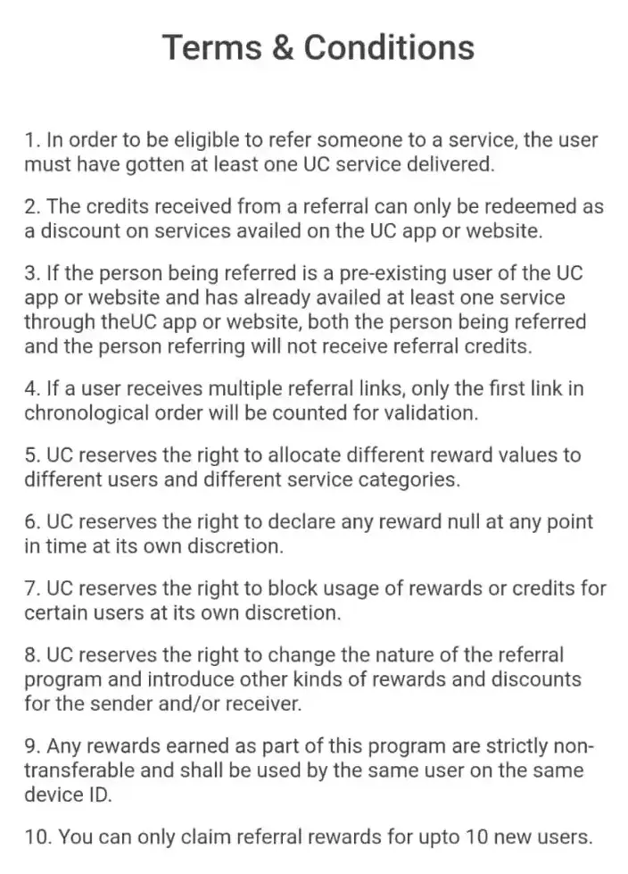 Urban Company terms and conditions details